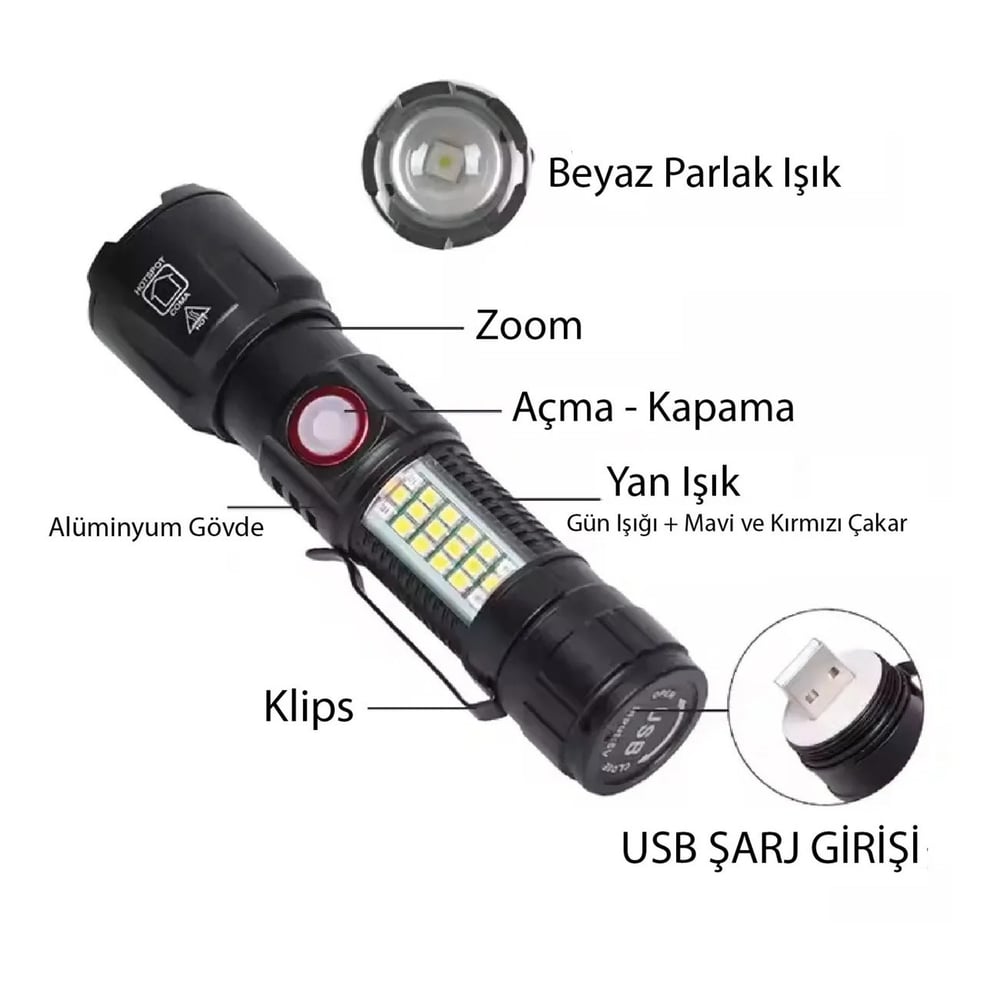 Yek Outdoor WS-2828 Çok Fonksiyonlu Led Şarjlı El Feneri 1000 Lümen