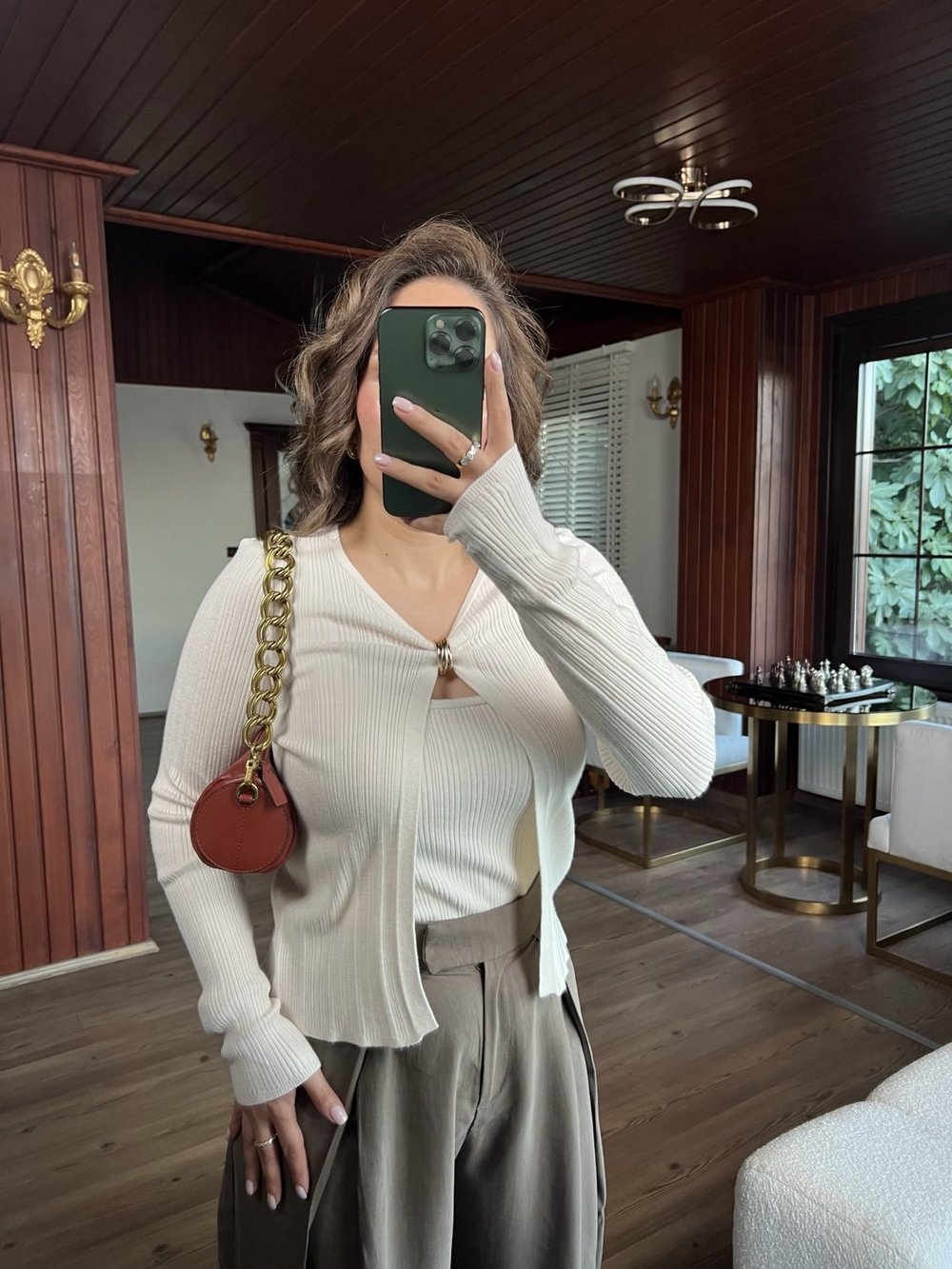 Ekru Gold Halka Detaylı Fitilli Hırka ve Atlet İkili Takım