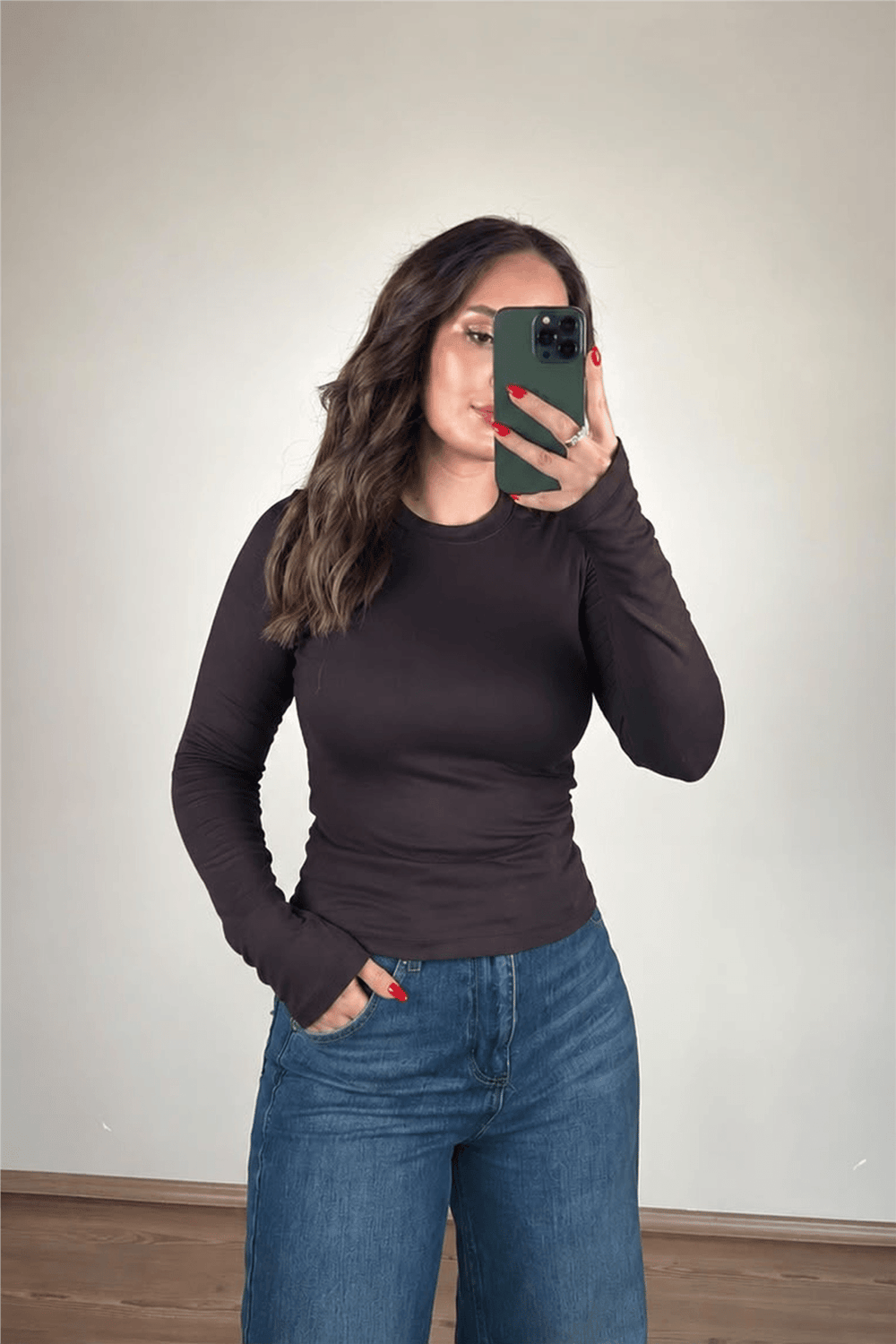 Kahverengi Basic Uzun Kollu T-Shirt