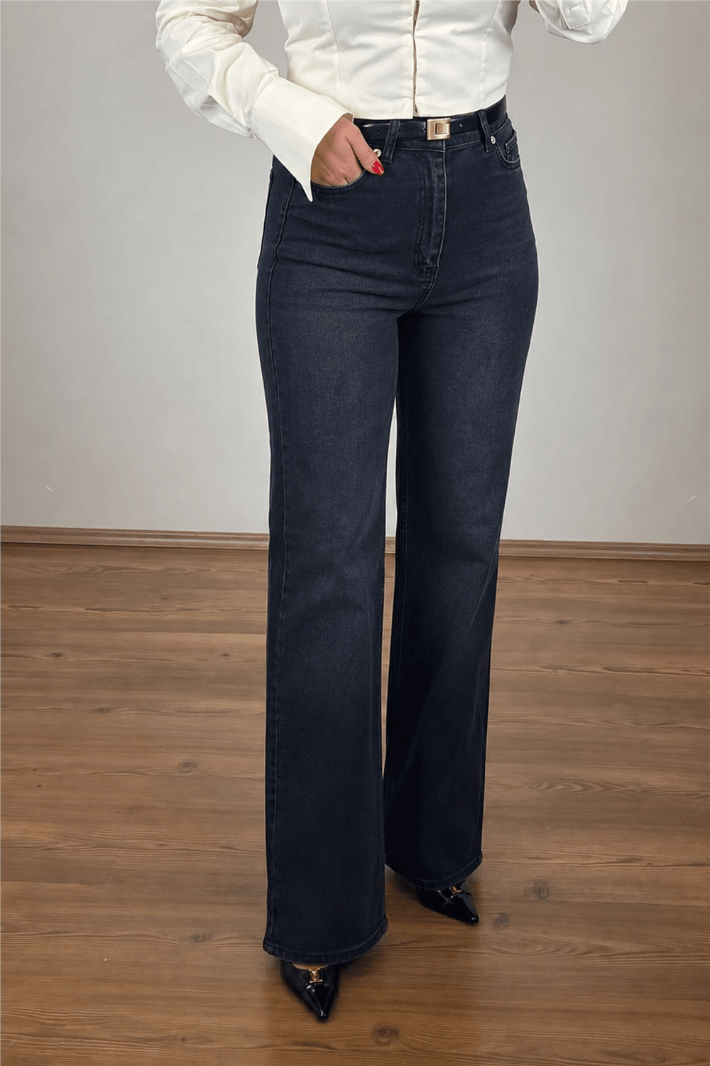 Yüksek Bel Antrasit Wide-Leg Jean Pantolon