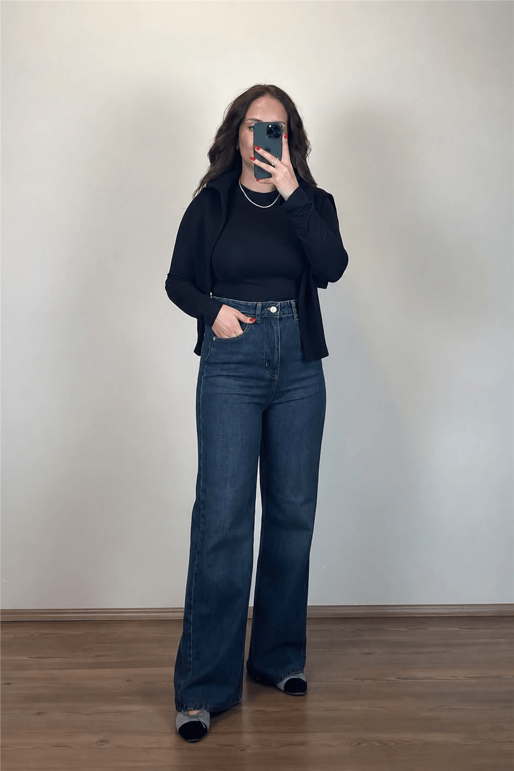 Yüksek Bel Koyu Mavi Wide-Leg Jean Pantolon