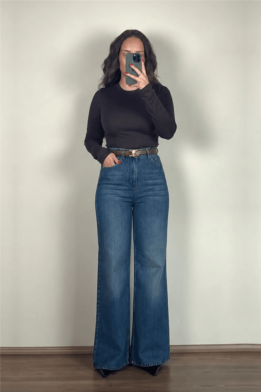 Yüksek Bel Mavi Wide-Leg Jean Pantolon