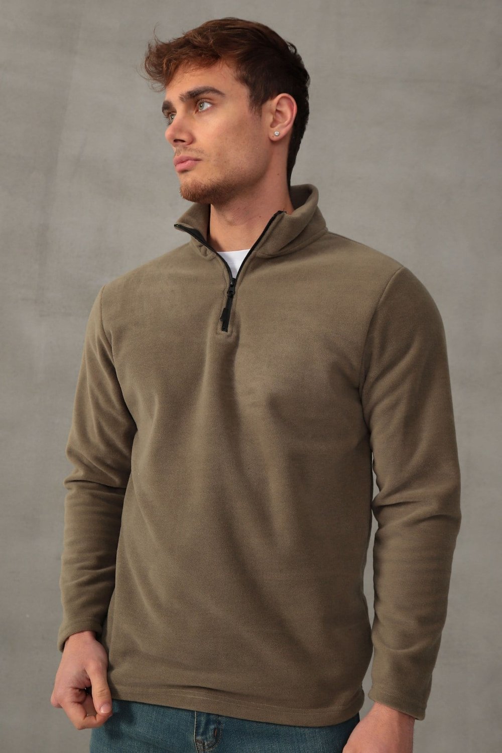 Erkek Standart Fit Rahat Kesim Tüylenme Yapmayan Soğuk Geçirmez Dik Yaka Polar Haki Sweatshirt