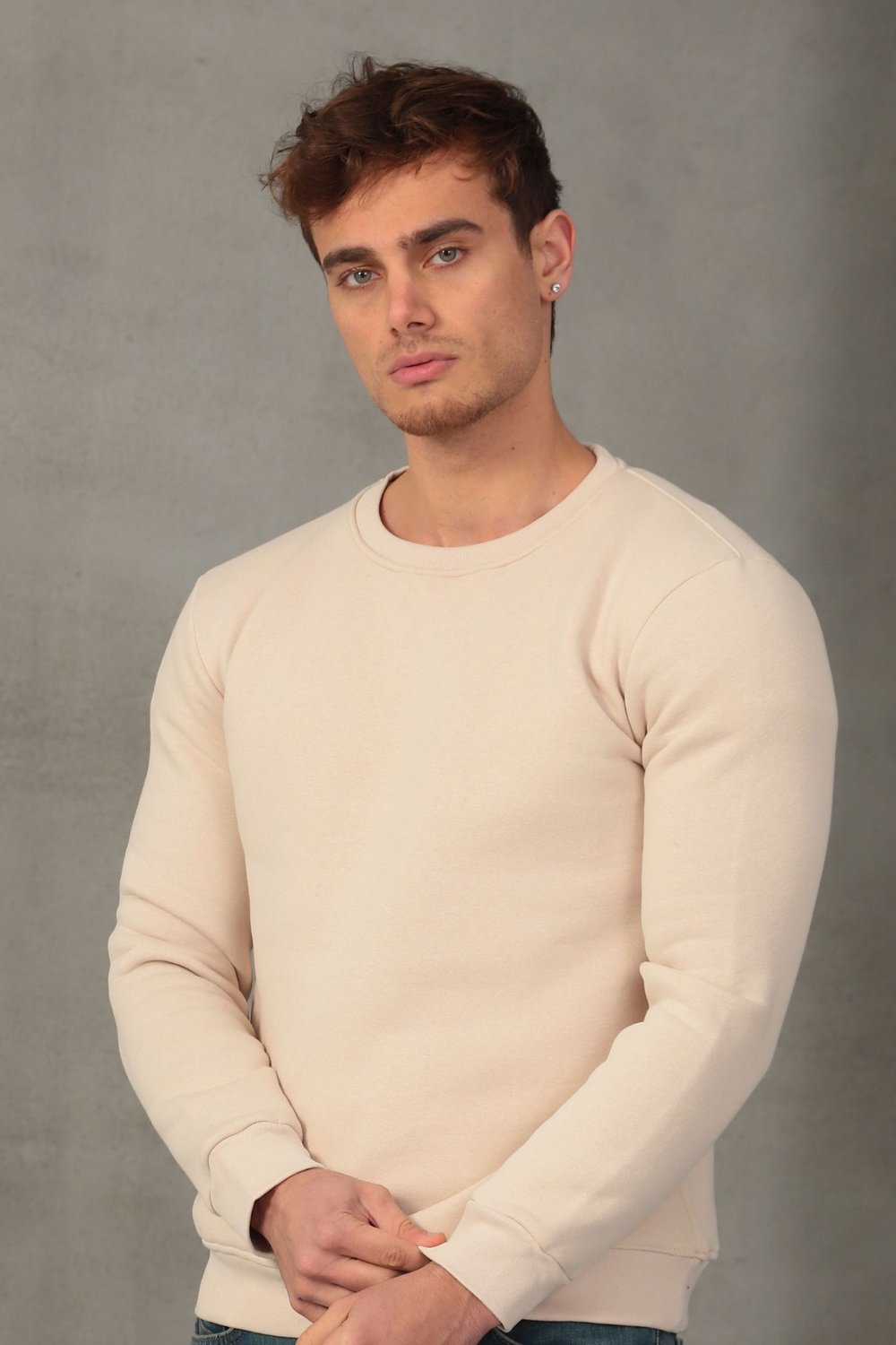 Unisex Relax Fit Rahat Kesim Pamuklu Yumuşak Dokulu İçi Polarlı Basic Ekru Bisiklet Yaka Sweatshirt