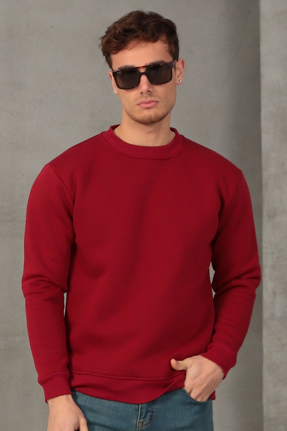 Unisex Relax Fit Rahat Kesim Pamuklu Yumuşak Dokulu İçi Polarlı Basic Bordo Bisiklet Yaka Sweatshirt