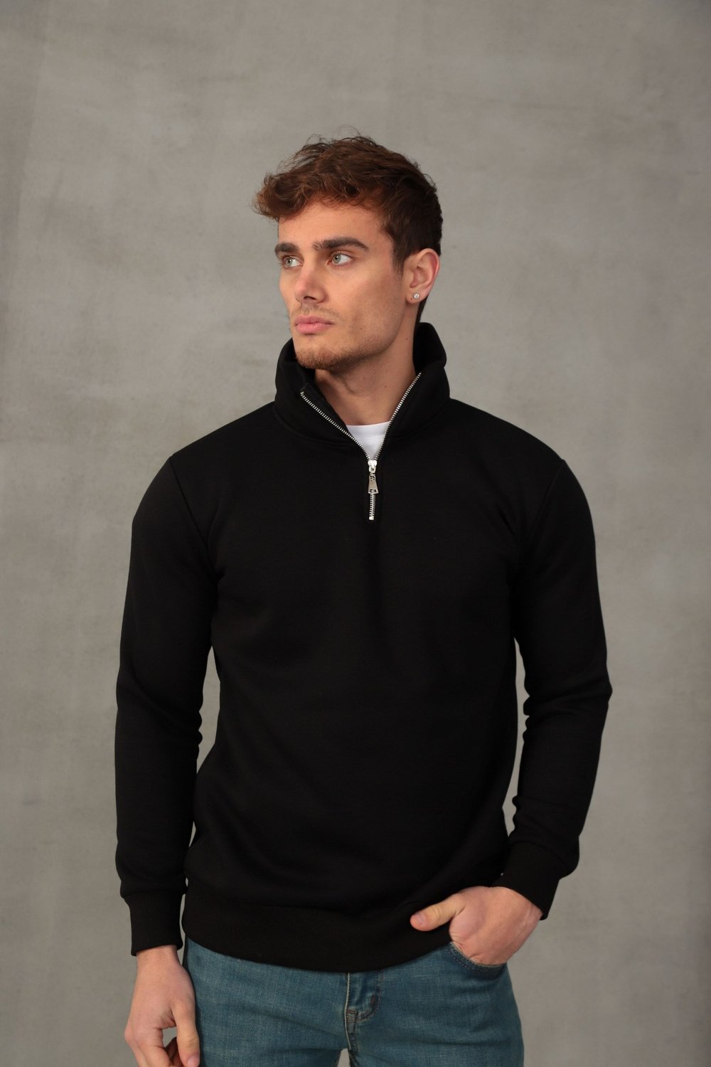 Unisex Relax Fit Rahat Kesim Yumuşak Dokulu İçi Polarlı Yarım Fermuarlı Dik Yaka Sweatshirt