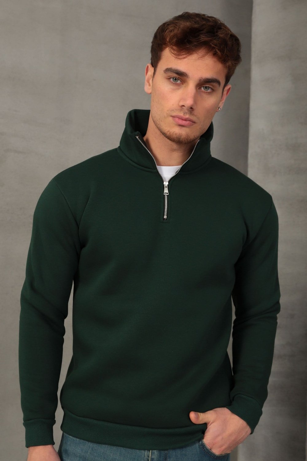 Unisex Relax Fit Rahat Kesim Yumuşak Dokulu İçi Polarlı Yarım Fermuarlı Dik Yaka Sweatshirt