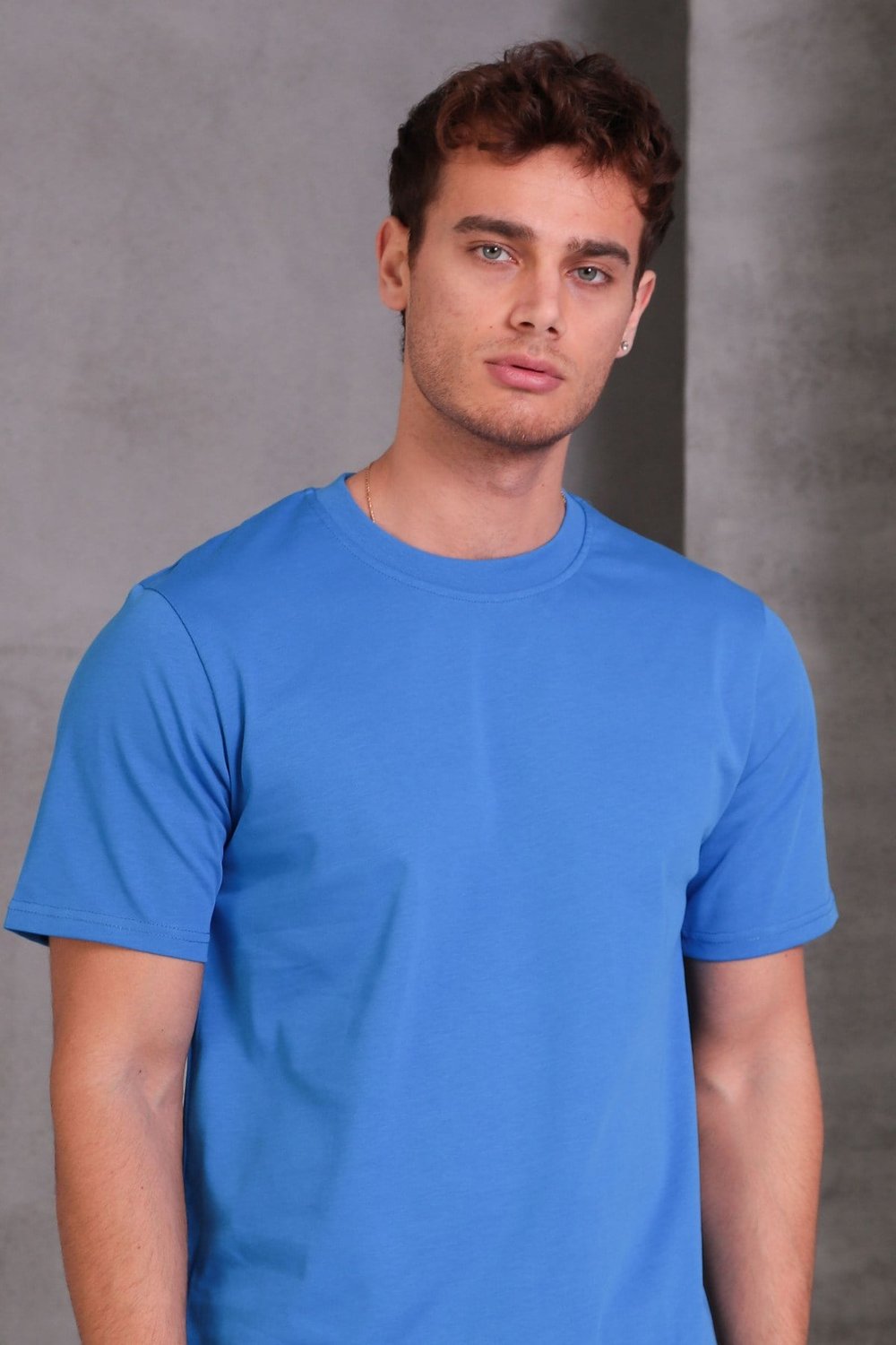 Unisex Slim Fit Dar Kesim %100 Pamuk Yumuşak Dokulu Mavi Bisiklet Yaka Tişört