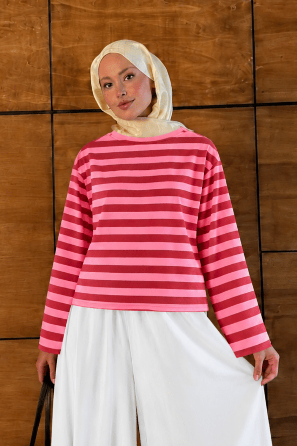 Baskılı Kırmızı - Pembe Çizgili Velisse T-shirt
