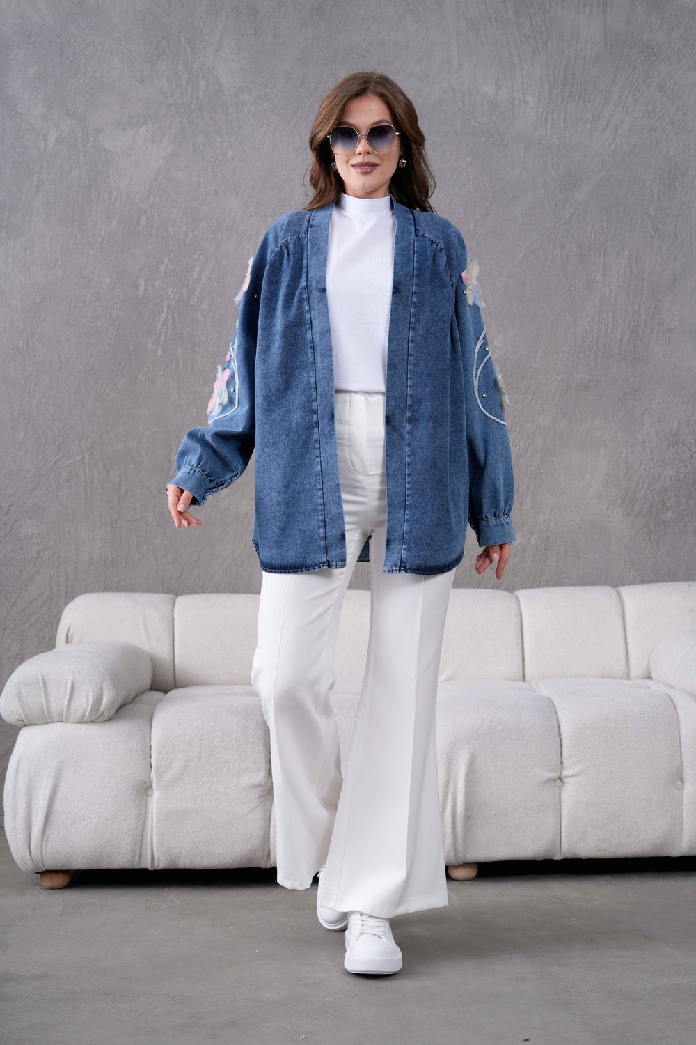 Melisa İşlemeli Kot Kimono - Lacivert