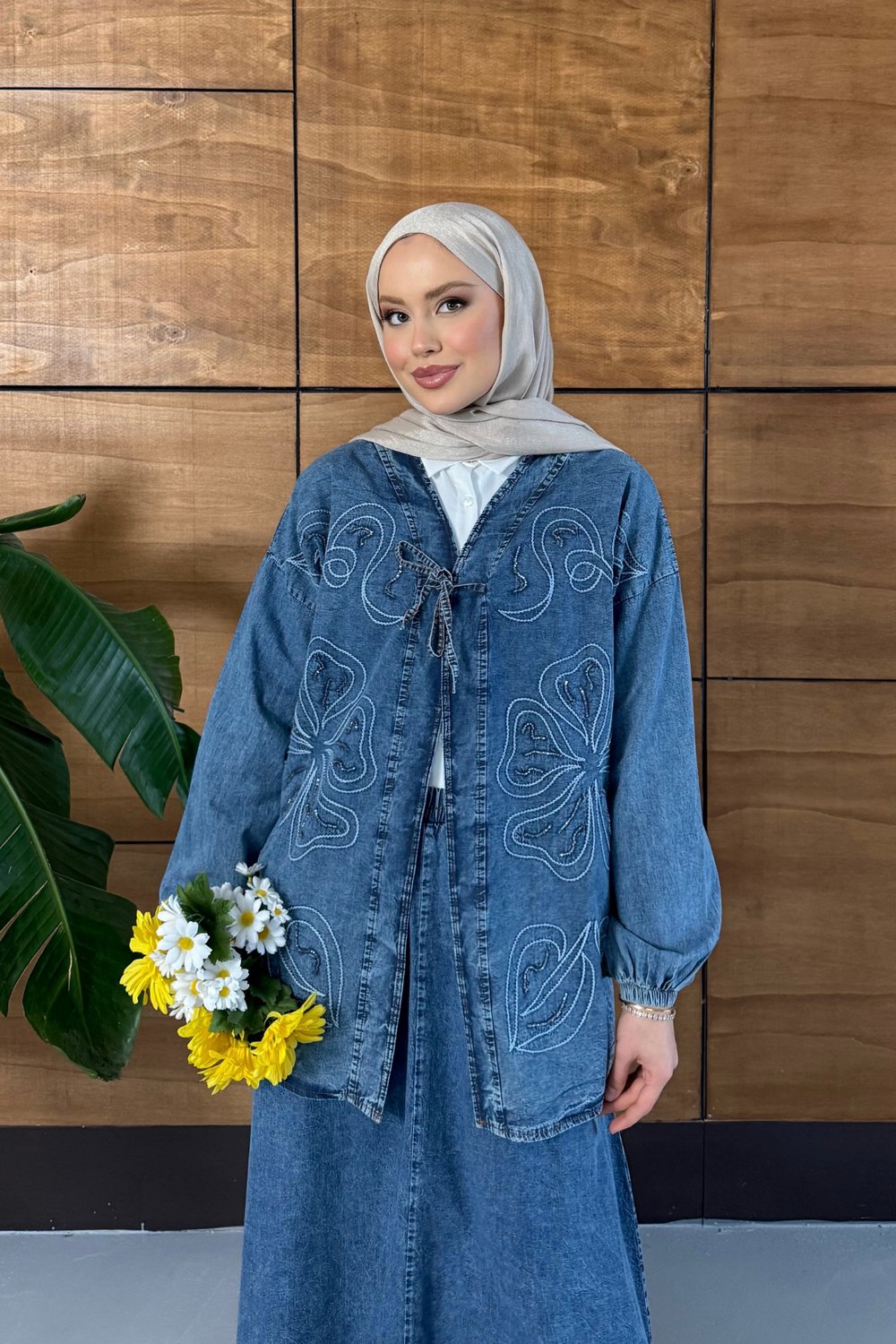 Meyra İşlemeli Kot Kimono Etekli Takım - Lacivert