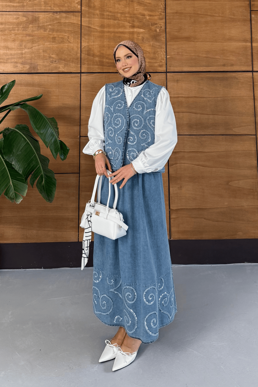Nilda İşlemeli Kot Yelek Etekli Takım - Koyu Mavi
