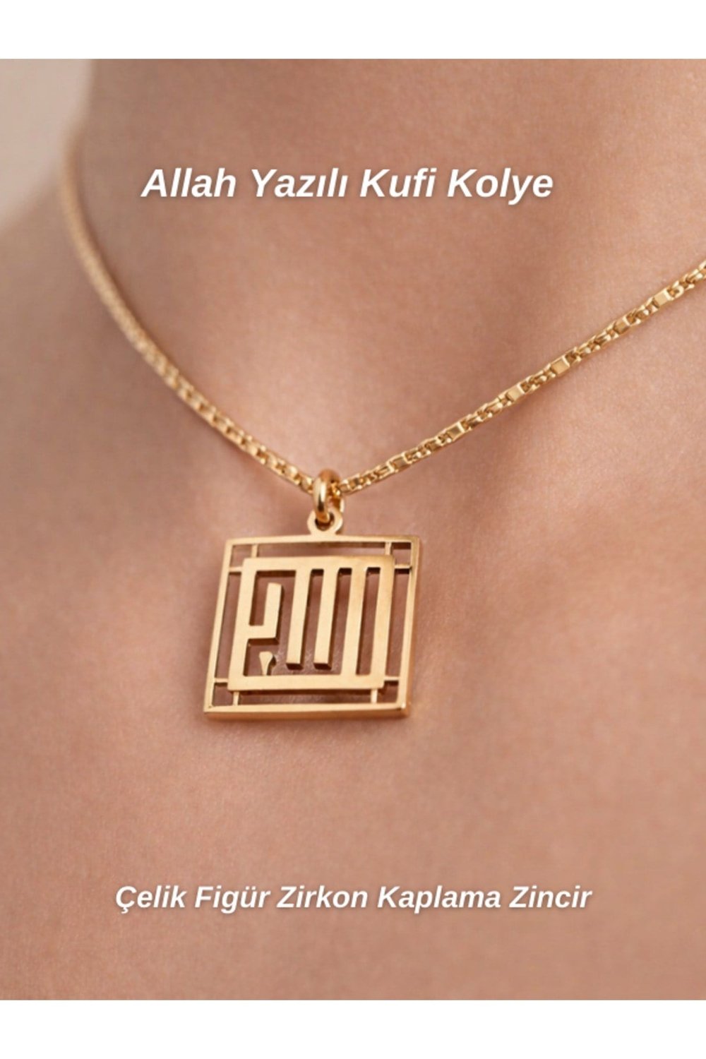 Allah Yazılı Kufi Çelik Kolye Zirkon Kaplama Zincir Maneviyat Kolye Allah Yazılı Kufi