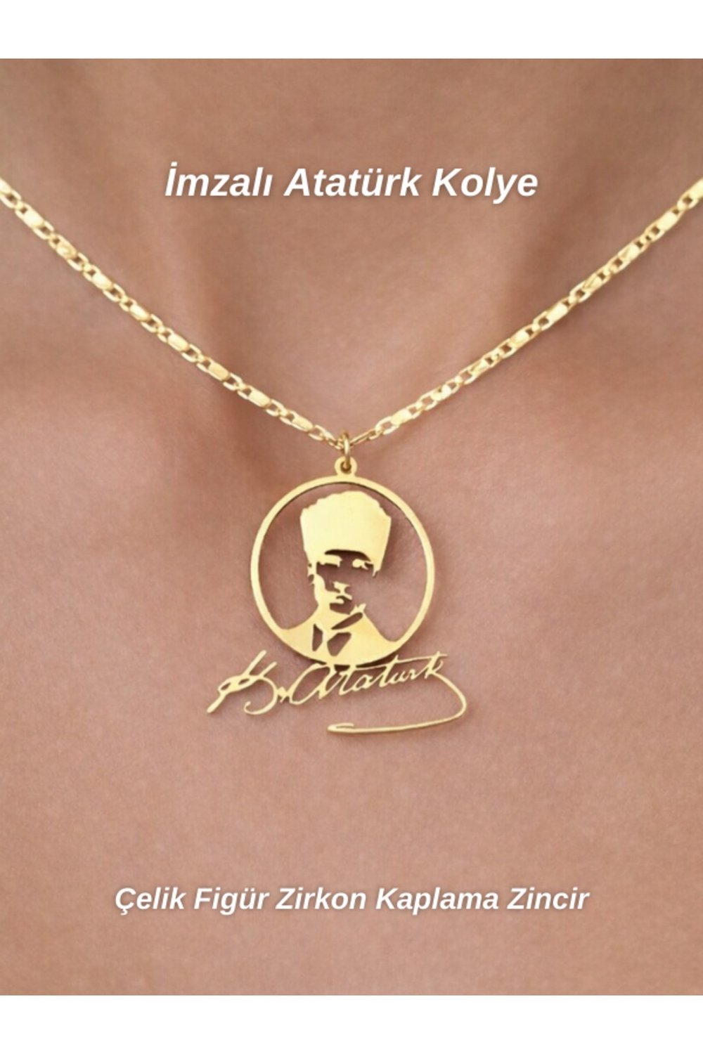 Atatürk Portreli Atatürk İmzalı Çelik Sembol Zirkon Kaplama Lazer Kesim Kolye Gold
