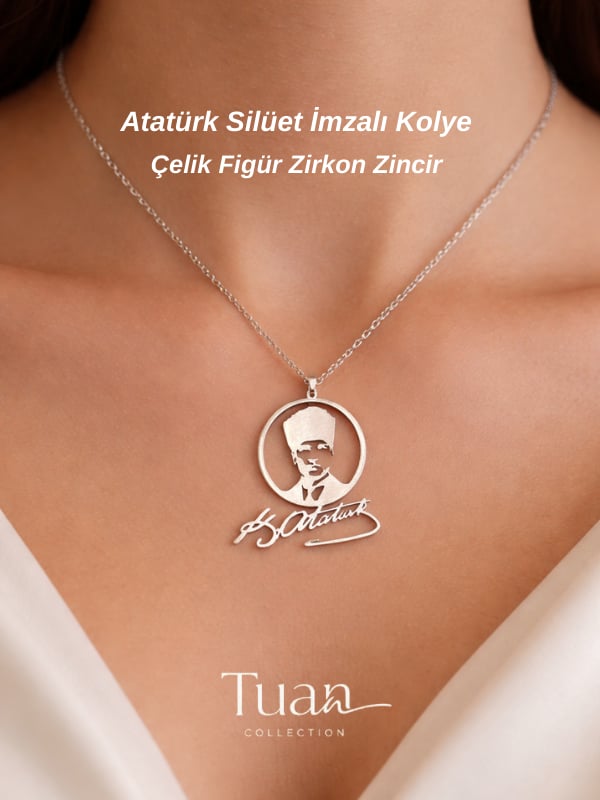 Atatürk Portreli Atatürk İmzalı Çelik Sembol Zirkon Kaplama Lazer Kesim Kolye Gümüş