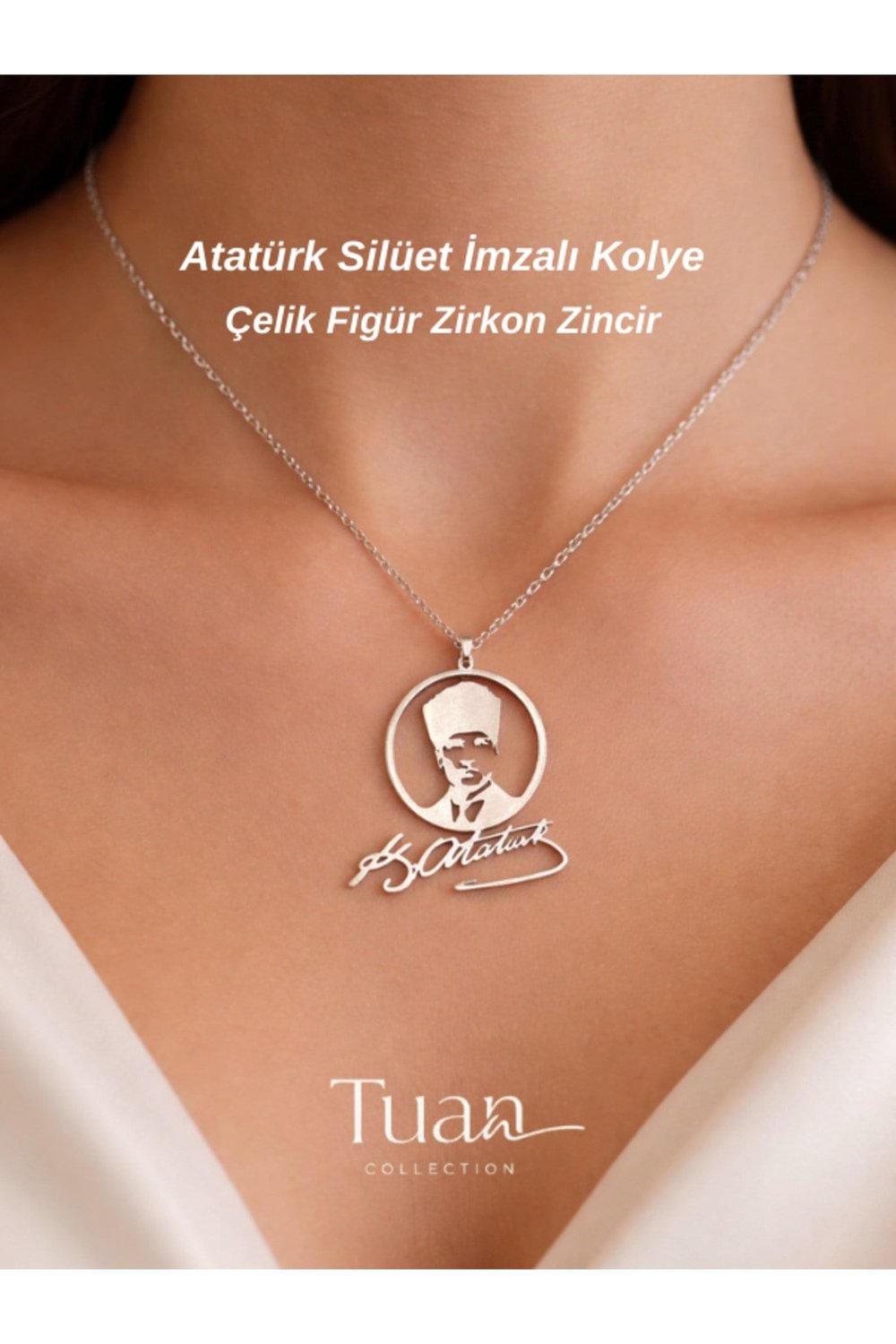 Atatürk Portreli Atatürk İmzalı Çelik Sembol Zirkon Kaplama Lazer Kesim Kolye Gümüş