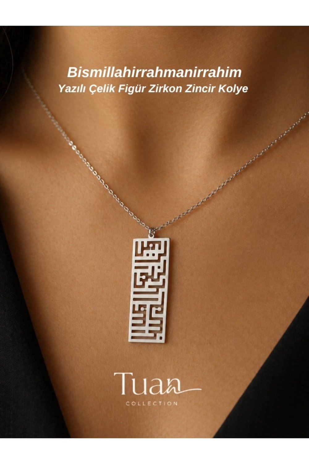 Bismillahirrahmanirrahim Yazılı Kufi Çelik Sembol Zirkon Kaplama Zincir Nazara Karşı Gümüş Renk