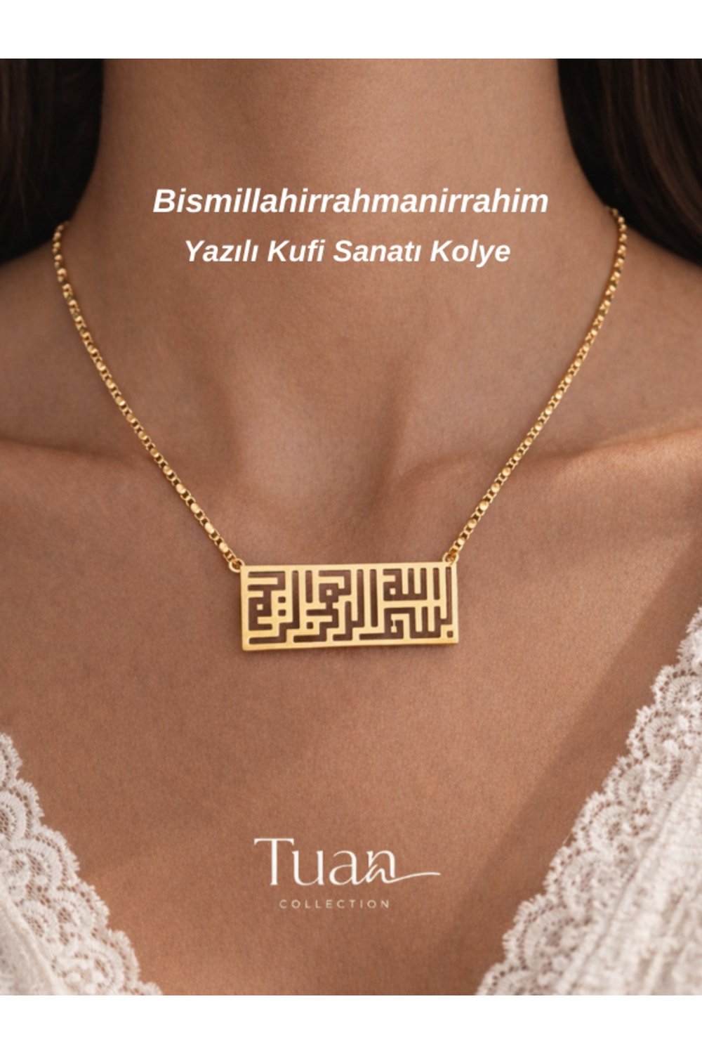 Bismillahirrahmanirrahim Yazılı Yatay Kufi Çelik Sembol Zirkon Kaplama Zincir Nazara Karşı Bereket