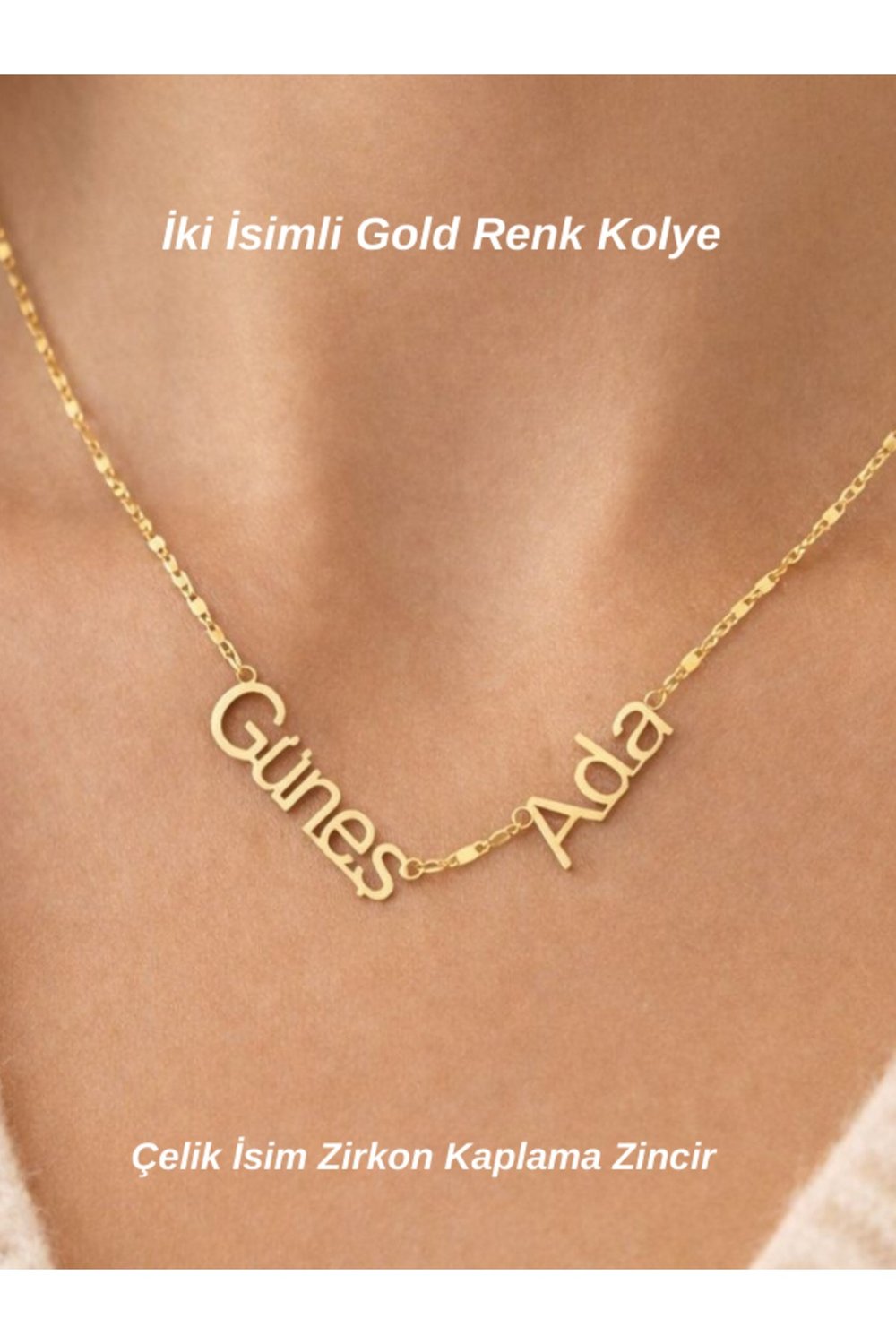 İkili İsim Kolye Çelik İsim Zirkon Kaplama Zincir Düz Font Zarif Tasarım