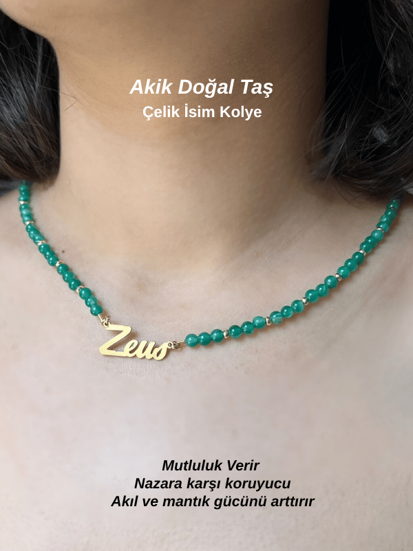 Özel Tasarım Akik Doğal Taş Çelik İsim Kolye Denge, Huzur, Pozitif Koruma 