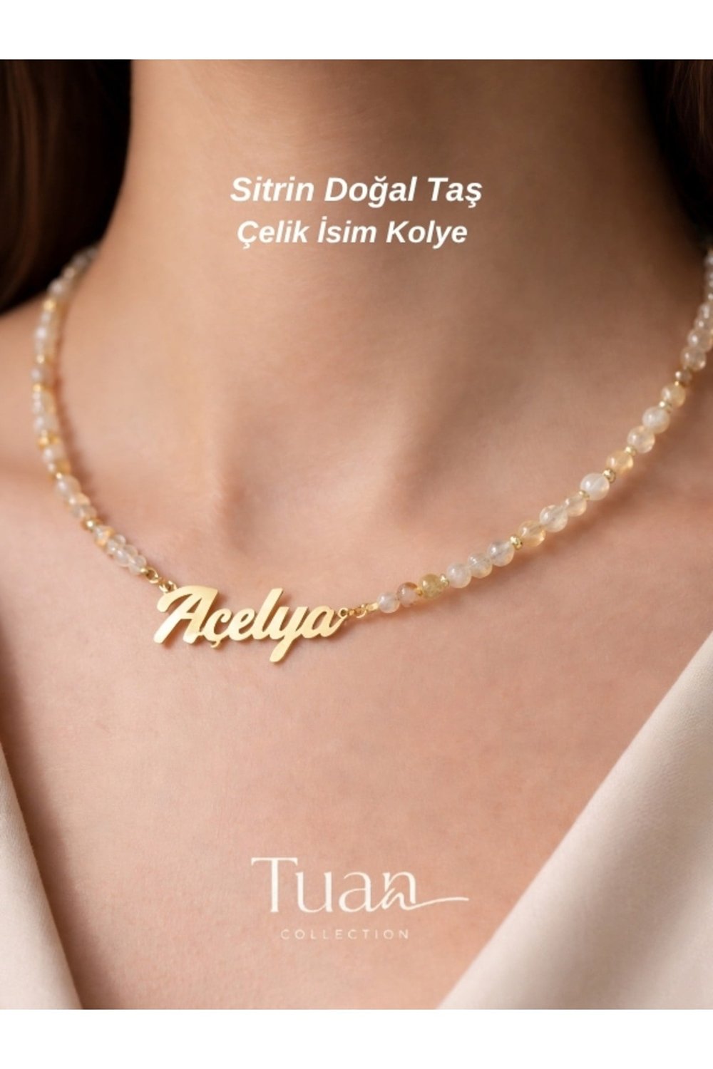 Özel Tasarım Sitrin Doğal Taş Çelik İsim Kolye Bolluk, Bereket, Motivasyon