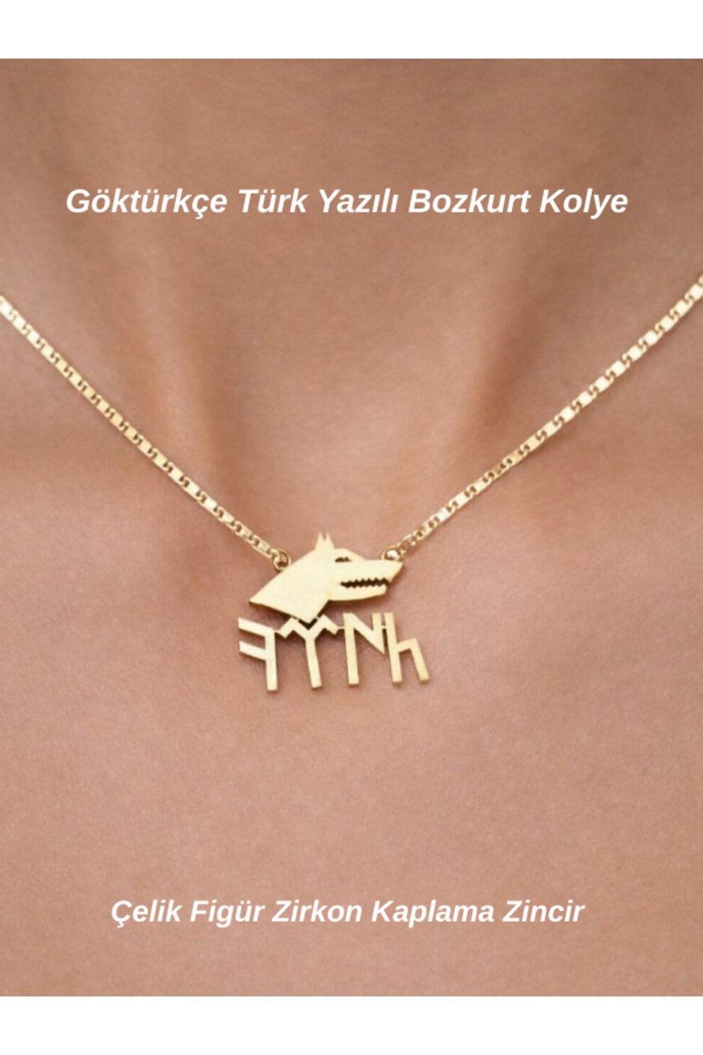 Türk Yazılı Bozkurt Simgeli Kolye Çelik Sembol Zirkon Kaplama Zincir Gold Kolye