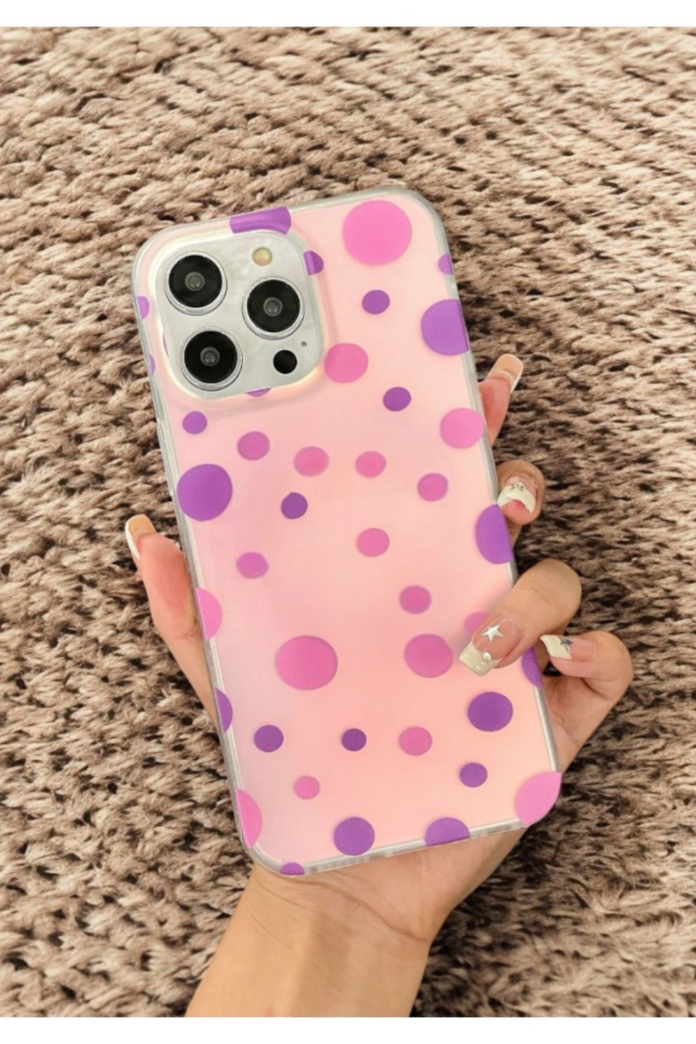iPhone 14 Pro Renkli Desenli Polka Dot Hologramlı Şeffaf Mor Puantiyeli Telefon Kılıfı