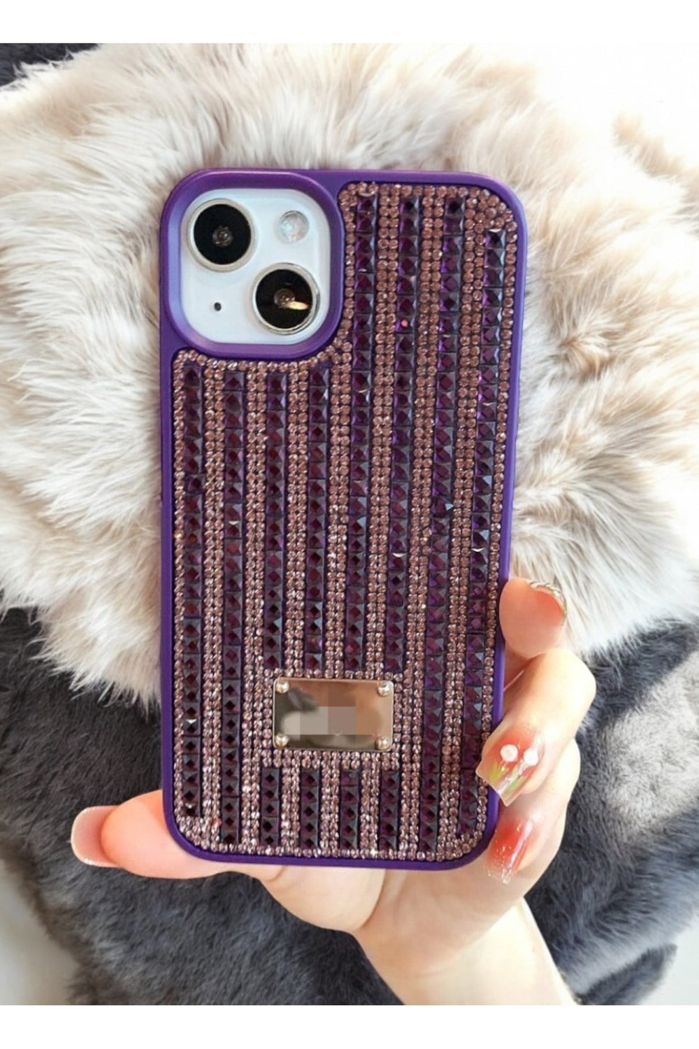 iPhone 14 Pro Uyumlu Mor Taşlı Parlak Şık Kılıf