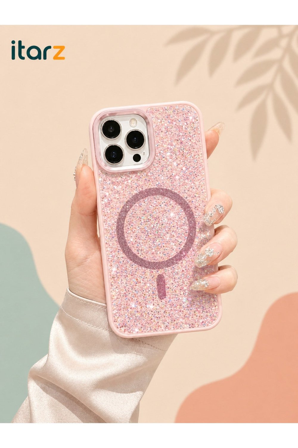 Iphone 14 ProMax Uyumlu Pembe Lüks MagSafeli Premium Kristal Taşlı Işıltılı Kılıf
