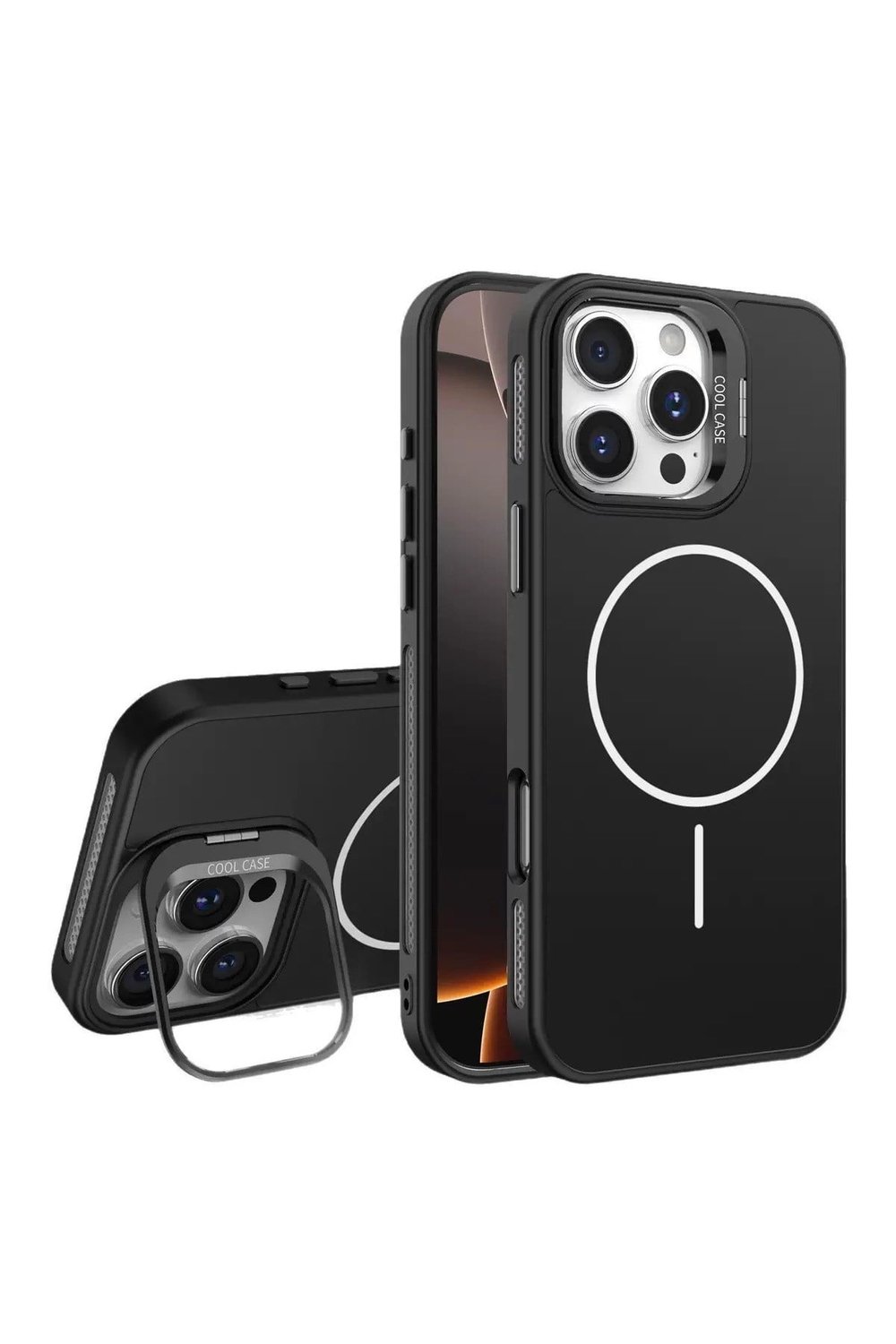 Iphone 15 Pro Max Uyumlu MagSafeli Siyah Kamera Korumalı Standlı Kılıf, Mat Soft Dokulu Premium Seri