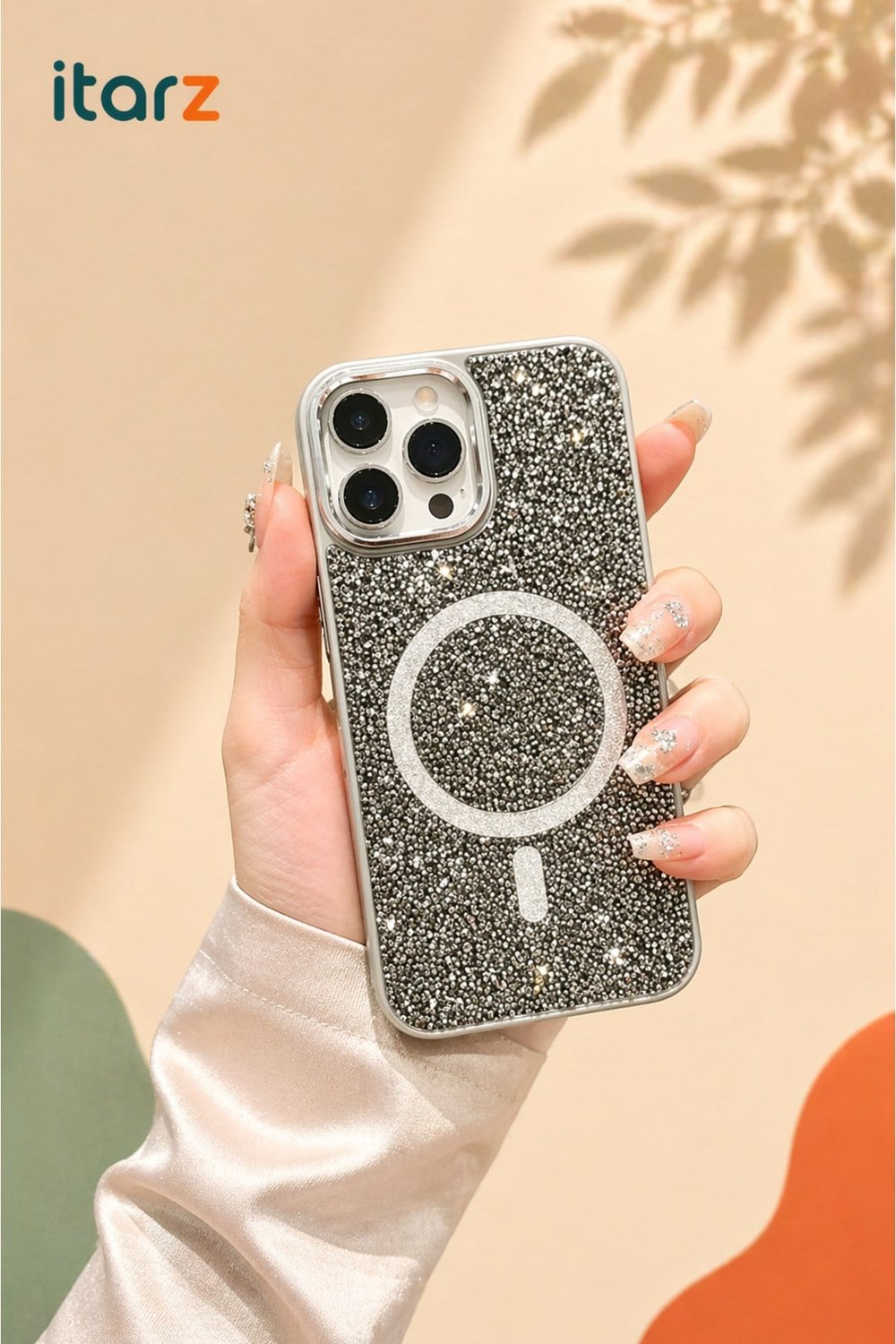 iphone 16 Pro Uyumlu Gri Trend MagSafeli Premium Kristal Taşlı Işıltılı Kılıf