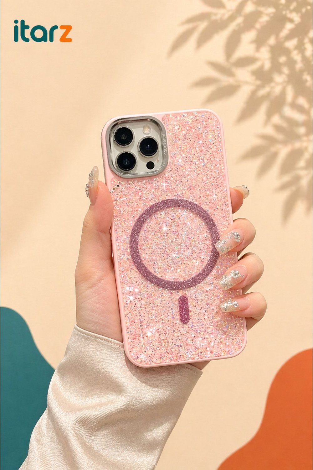 iphone 16 Pro Uyumlu Pembe Lüks MagSafeli Premium Kristal Taşlı Işıltılı Kılıf