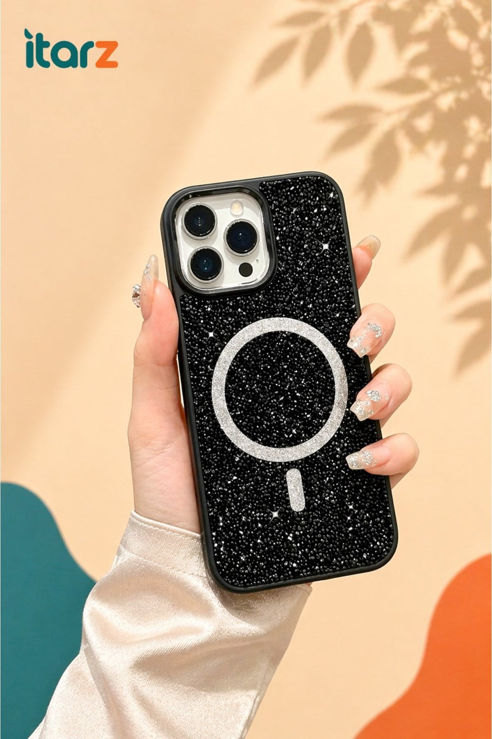 iphone 16 Pro Uyumlu Siyah Trend MagSafeli Premium Kristal Taşlı Işıltılı Kılıf