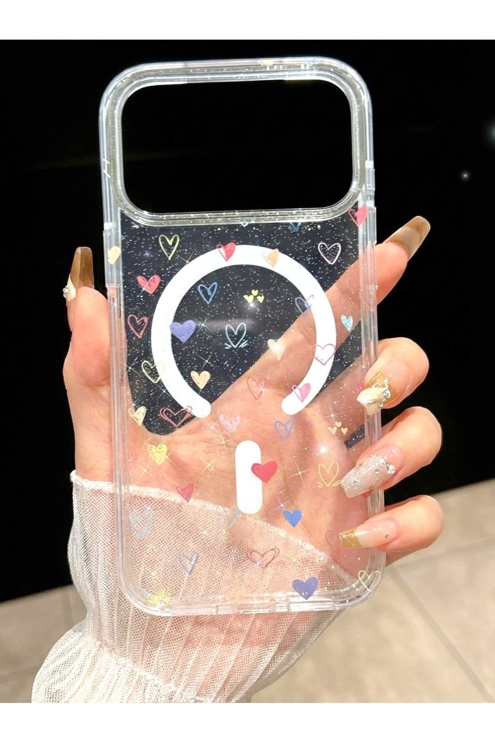 Iphone 17 ProMax Uyumlu MagSafeli Holografik Işıltılı Tüy Desenli Şeffaf Kılıf