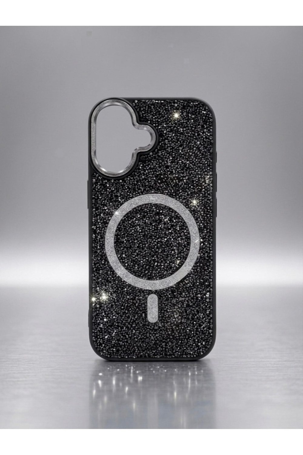 iPhone 17 Uyumlu, Siyah, MagSafe Özellikli Premium Simli Taşlı Parlak Kılıf