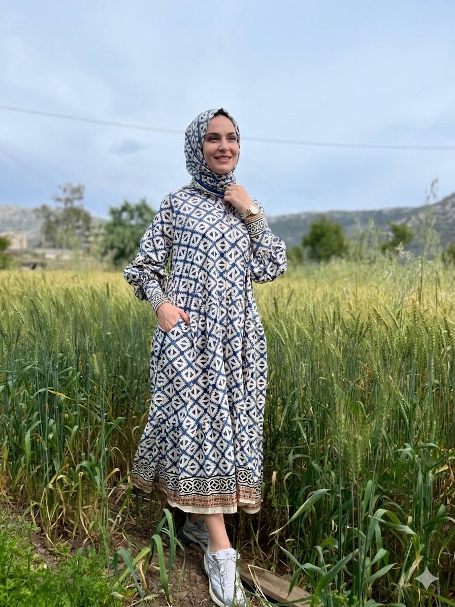 ANKA KUŞU NAKIŞLI  PAMUKLU ELBİSE