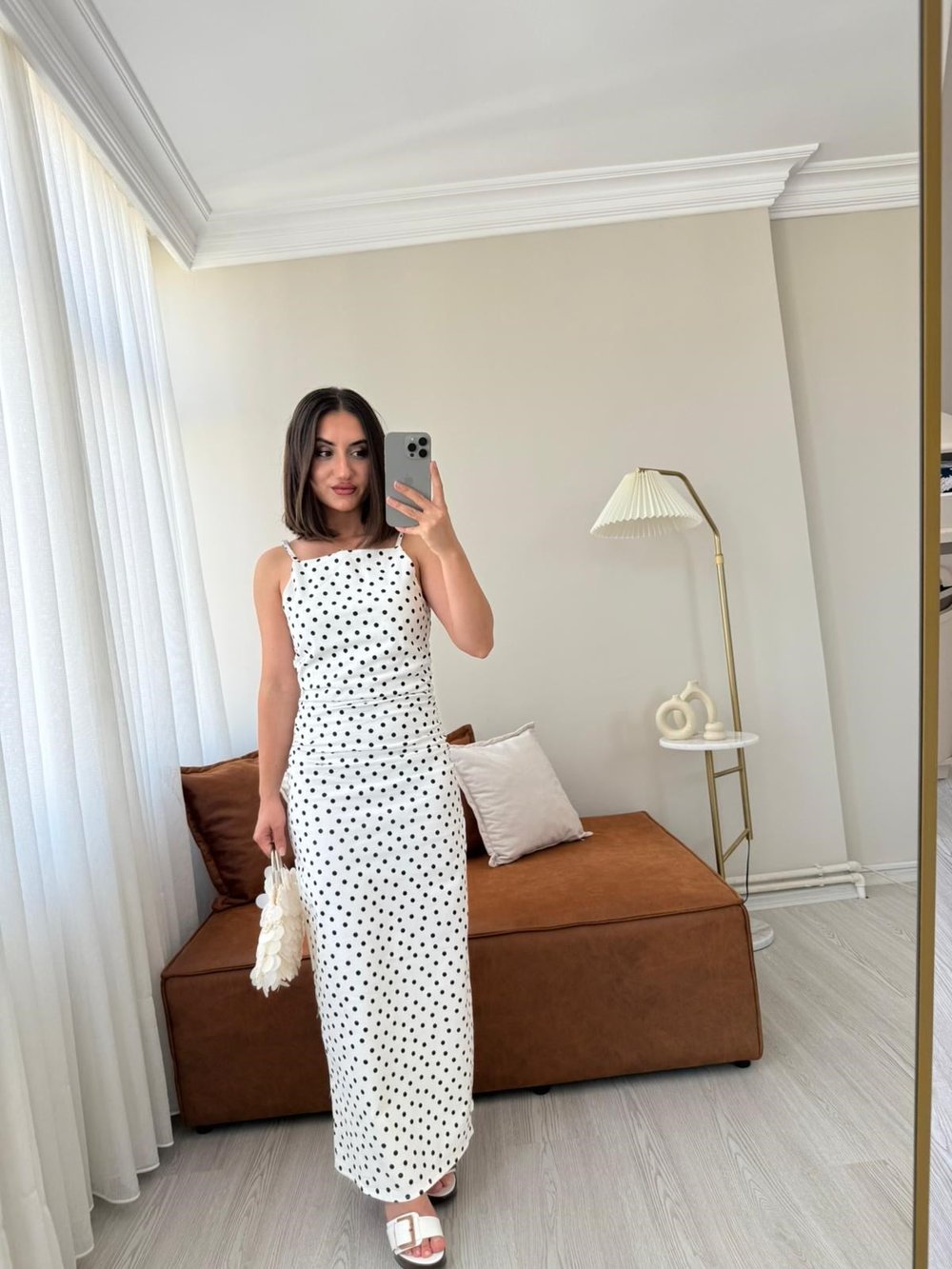 Puantiyeli Denim Elbise-Beyaz