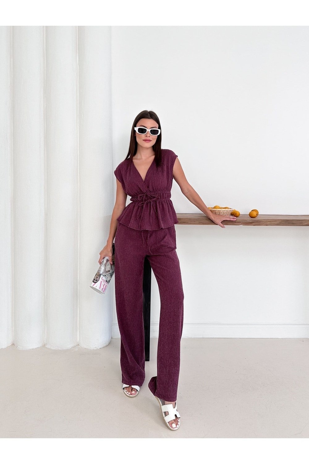 Kadın Bordo Bel Büzgü ve Bağcık Detaylı Bluz Pantolon Takım