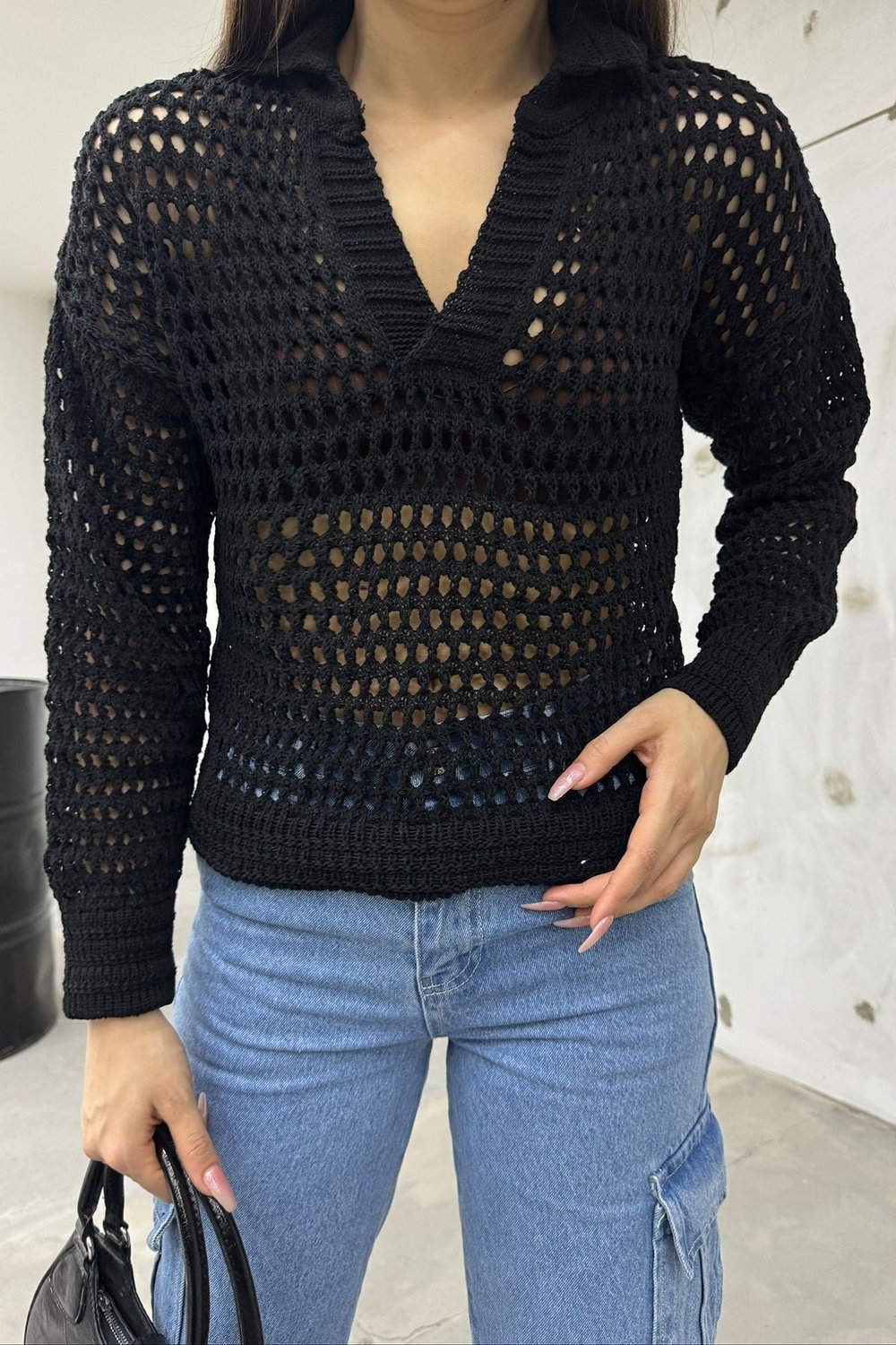 Kadın Siyah Polo Yaka Ajurlu Triko Bluz