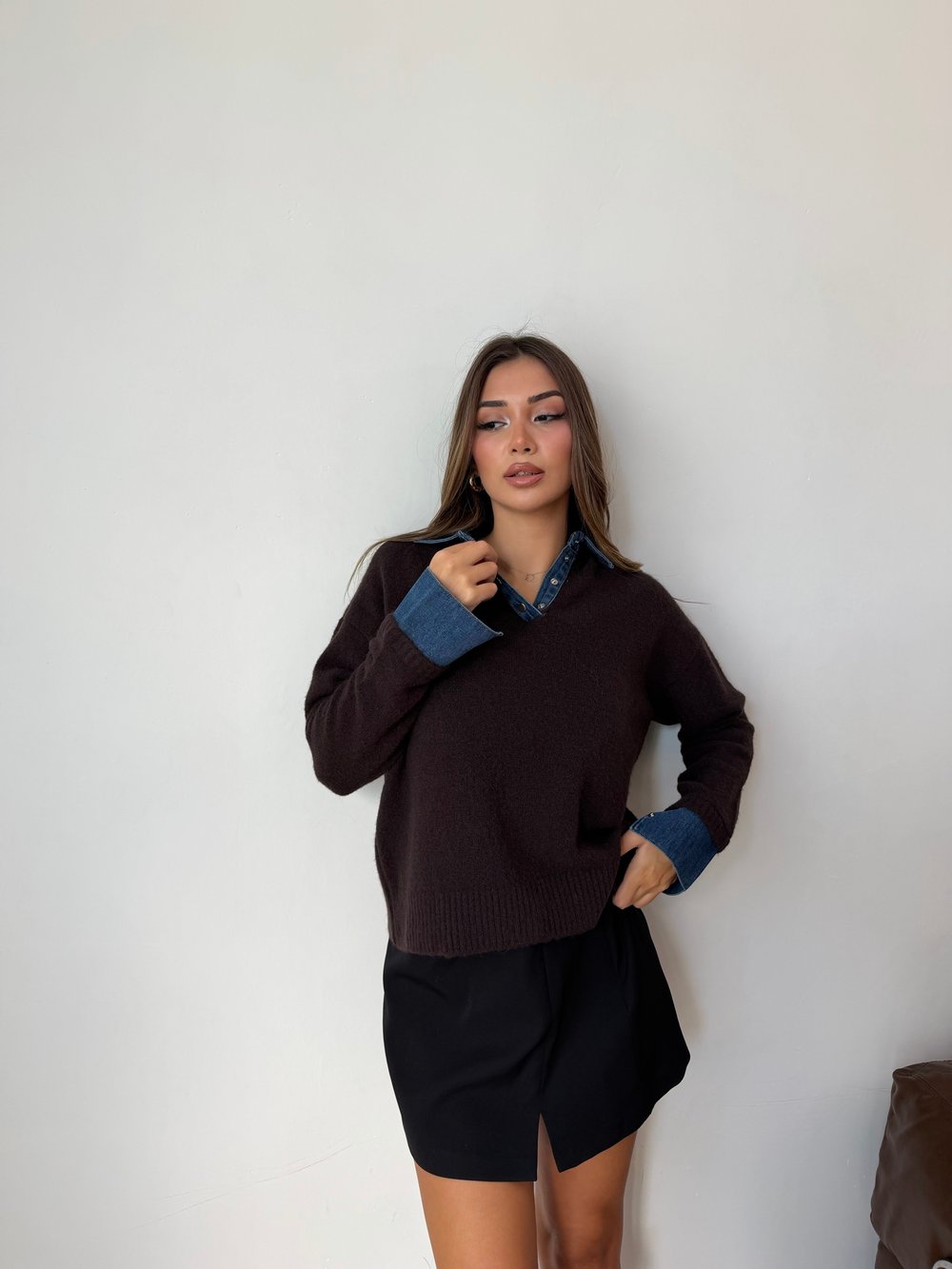 Kadın Yaka ve Kol Denim Detaylı Triko Kazak