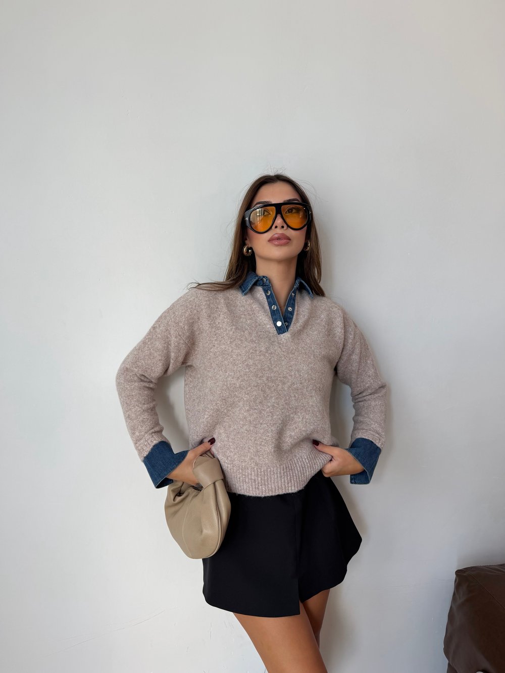 Kadın Yaka ve Kol Denim Detaylı Triko Kazak