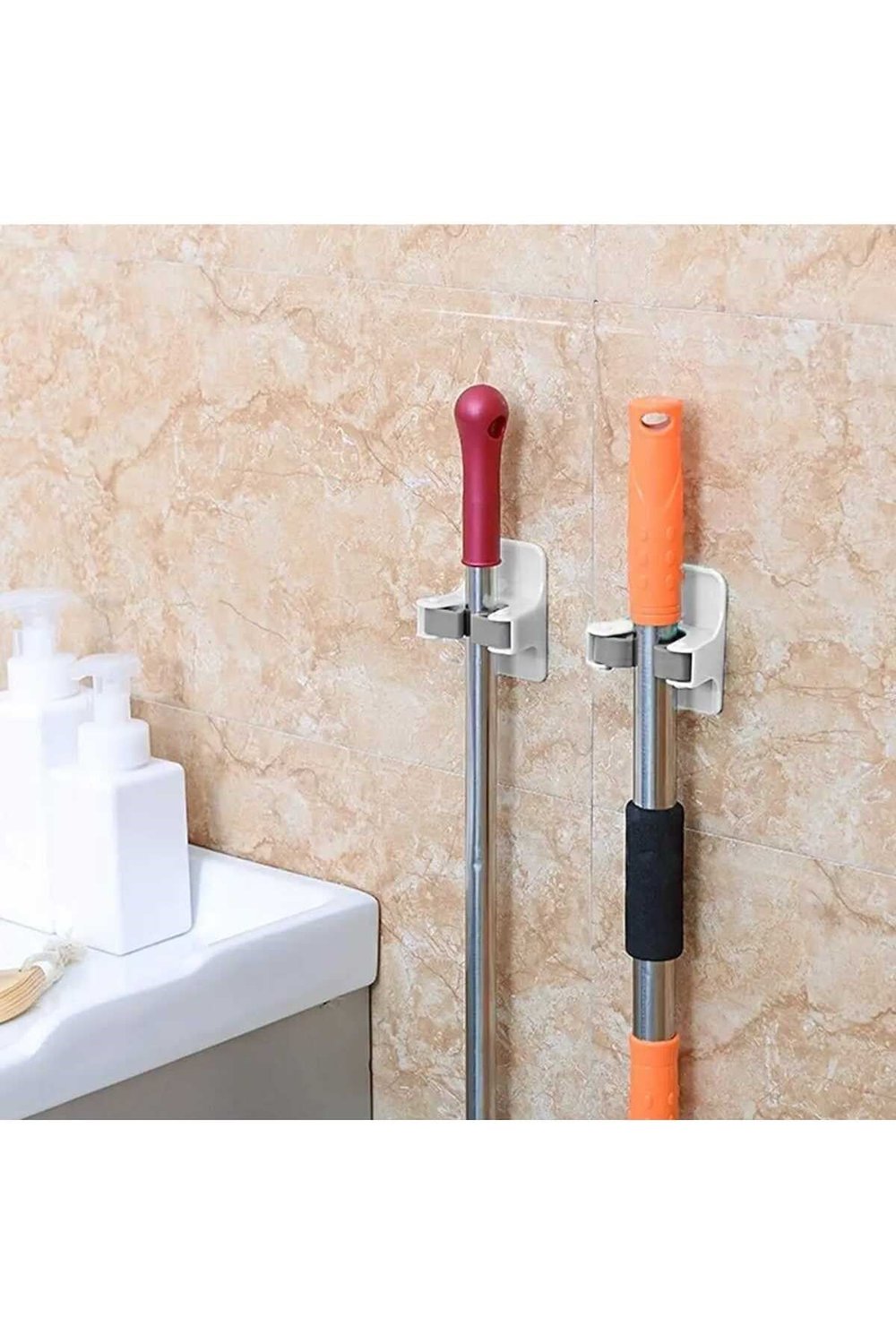 2 Adet Duvara Monte Mop ve Süpürge Tutucu – Yapışkanlı Paspas, Fırça ve Mop Askısı