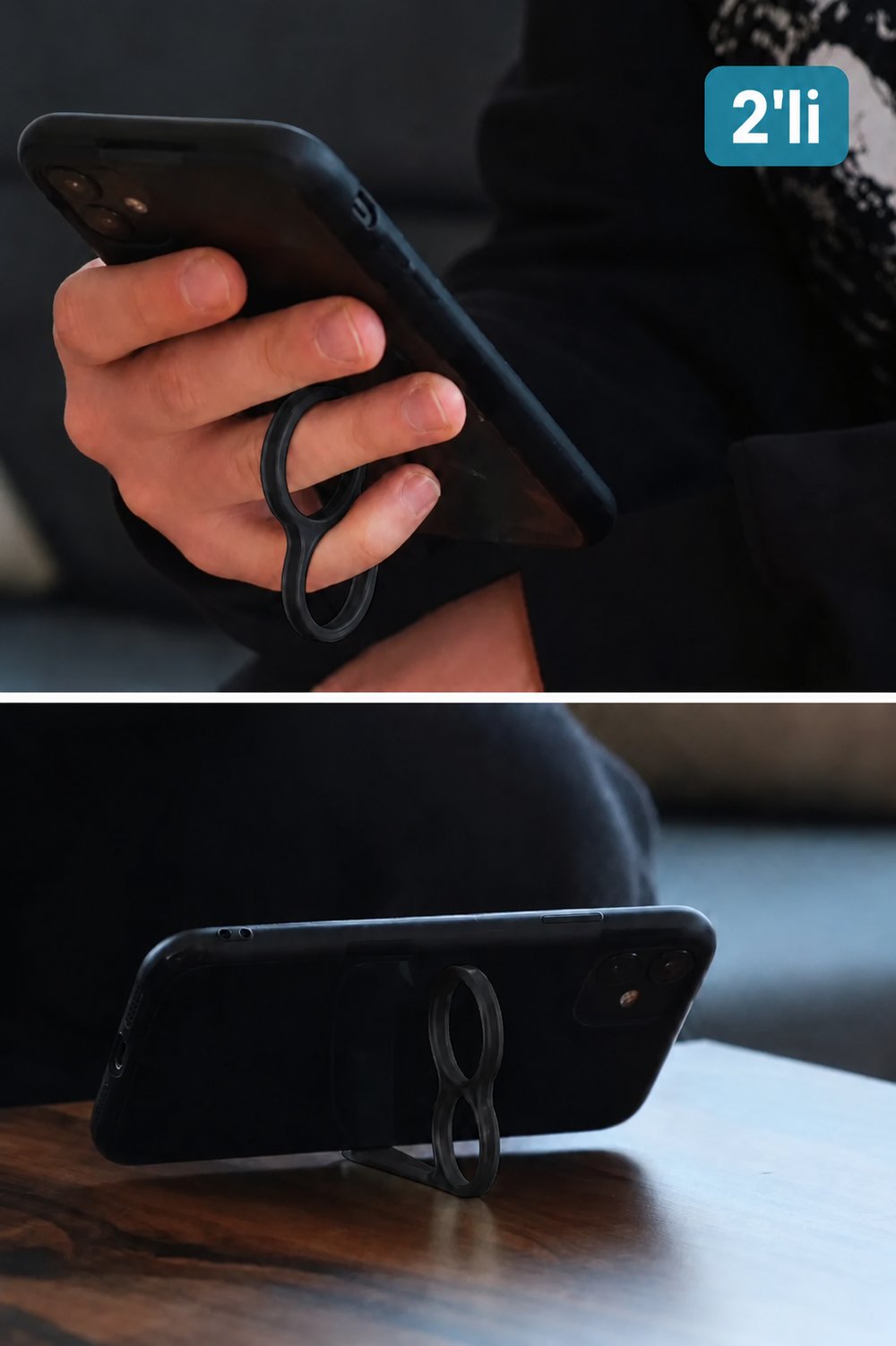 2 Adet Parmak Halkalı Telefon Tutucu ve Stand – Tek Elle Kullanım, Katlanabilir Masaüstü Telefon Standı – Kaymaz Telefon Aparatı, Çoğu Akıllı Telefon ile Uyumlu (2, Siyah)