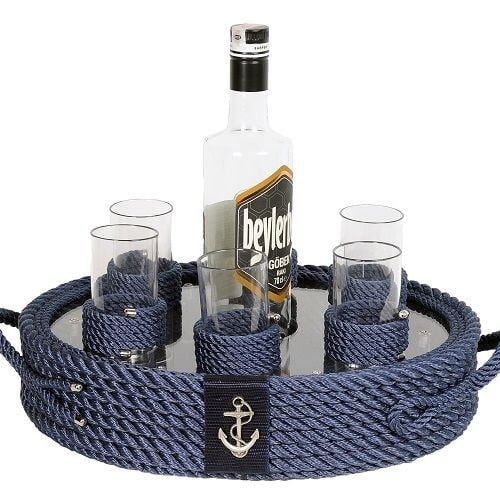 Lacivert Halat Rakı Bardaklı Tepsi
