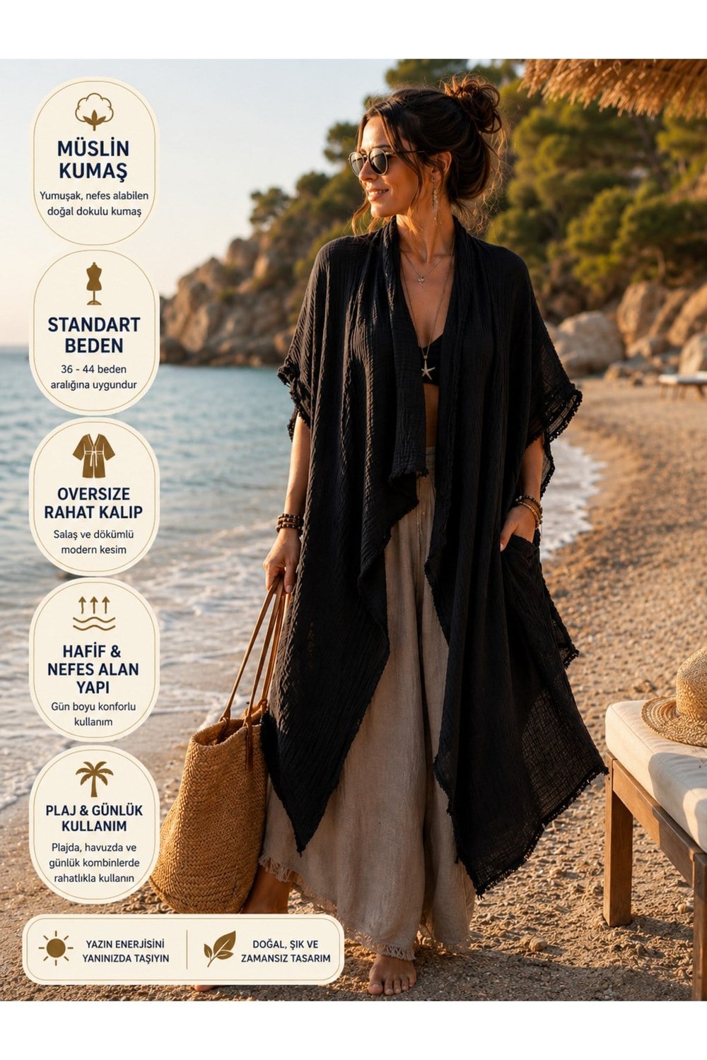 Siyah Müslin Kimono Pareo Kadın Plaj Kaftanı Oversize Yazlık