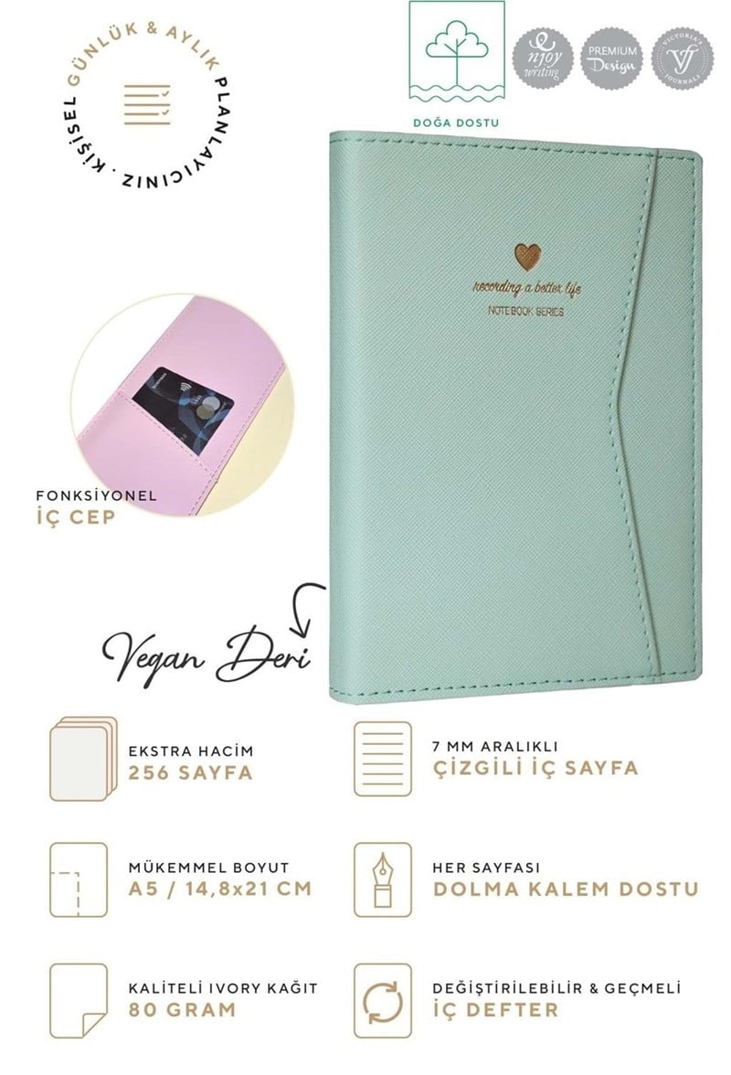 Victorias Journals Geçmeli Ve Cepli Defter A5 Ivory 80 Gr. 128 Yp.Pastel Yeşil