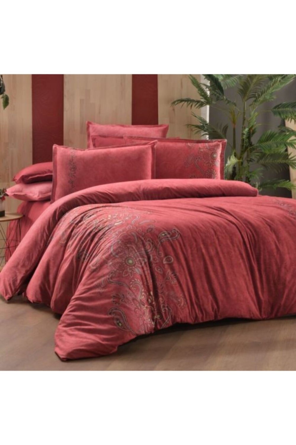 Burgonya Fancy Poplin Nevresim Takımı Büyük Boy King Size Kırmızı
