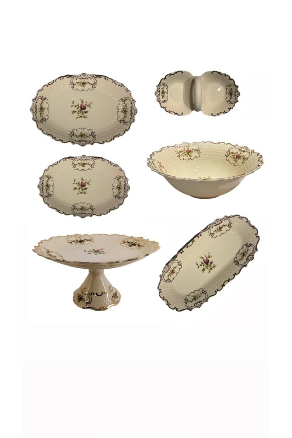 Diana 6 Parça Pasta Börek Salata Sos İkram Seti Vintage Çiçek Desenli Gold Detaylı