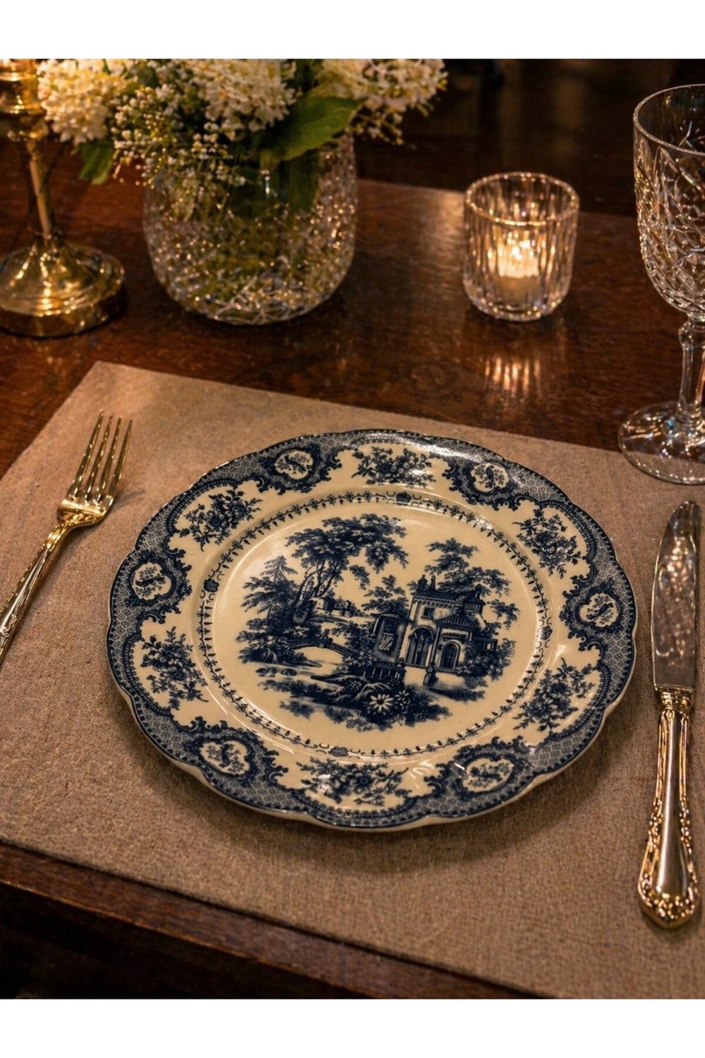 Elizabeth Bone Porselen 6 lı Servis Tabağı Mavi Vitage 26 cm