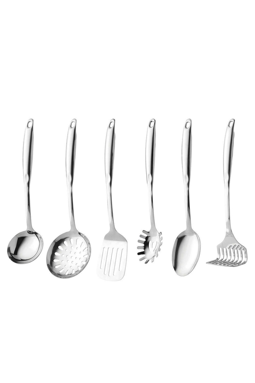 Essentials Paslanmaz Çelik 6 Parça Kepçe Kevgir Patates Ezici Makarna Kaşığı Spatula Kaşık Seti